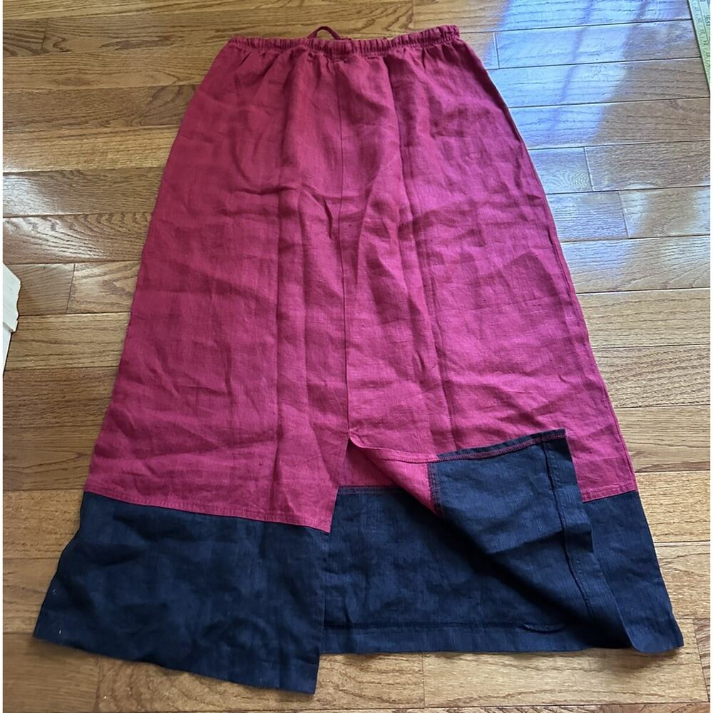 Vintage Casual Linen Skirt XL Maxi Pull On Drawstring red black Colorblock Onque